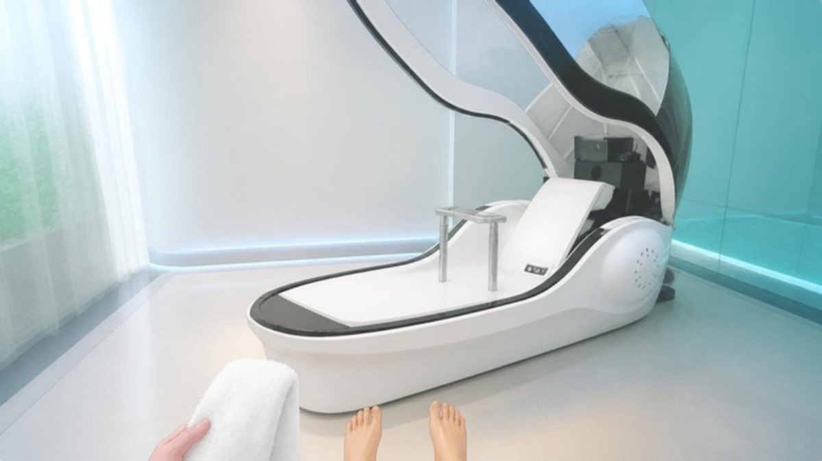 人間洗濯機の15分|人間洗濯機の前に立ったときの目線。ふたが大きく開き、白い座面が見える(イラスト)
