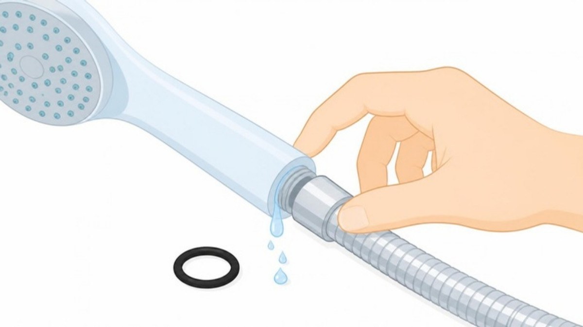 ミラブルExの口コミ｜シャワーヘッドとホースのつなぎ目から水がたれている。横にOリング（イラスト）