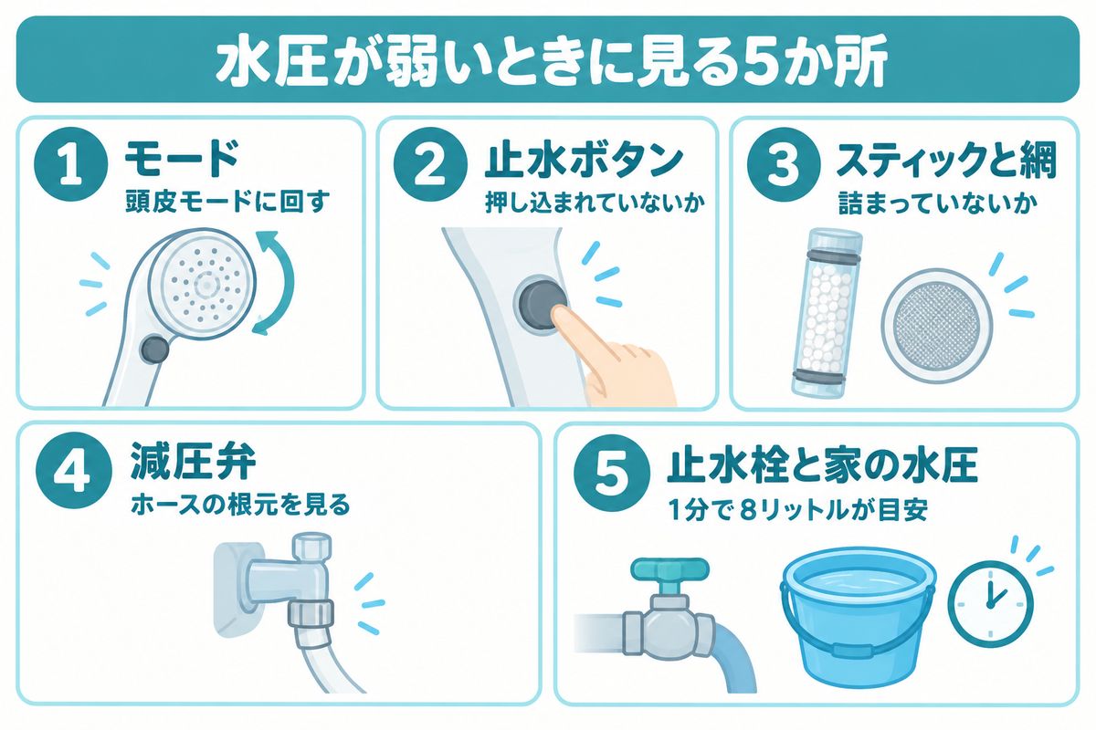 ミラブルExの口コミ｜水圧が弱いときに見る5か所。1モード（頭皮モードに回す）、2止水ボタン（押し込まれていないか）、3スティックと網（詰まっていないか）、4減圧弁（ホースの根元を見る）、5止水栓と家の水圧（1分で8リットルが目安）