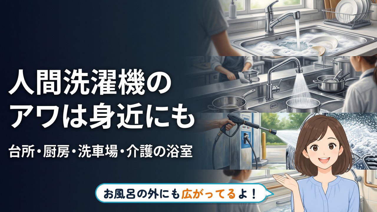 人間洗濯機の泡｜人間洗濯機のアワは身近にも 台所・厨房・洗車場・介護の浴室