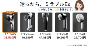 ミラブル比較｜迷ったらミラブルEx。zeroより85g軽く3つの水流。Ex 38,500円・zero 49,390円・艶 44,880円・潤 39,600円・爽 29,700円（メーカー希望小売価格・税込）