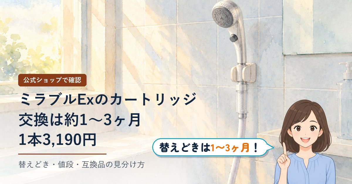 ミラブルEx カートリッジ｜朝の光が入る浴室の壁に掛かったシルバーのシャワーヘッドと、ホースとの間に付いた透明なカートリッジ（水彩のイラスト）
