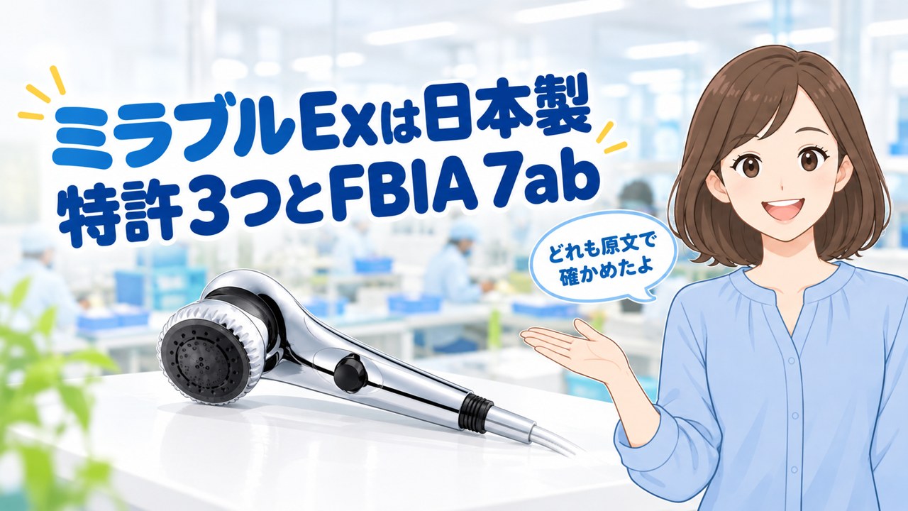 ミラブルExは日本製｜特許3つとFBIA 7ab（作業場のミラブルExと案内役のイラスト）