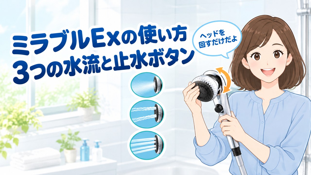 ミラブルExの使い方｜3つの水流と止水ボタン（浴室でミラブルExを持つ案内役のイラスト）