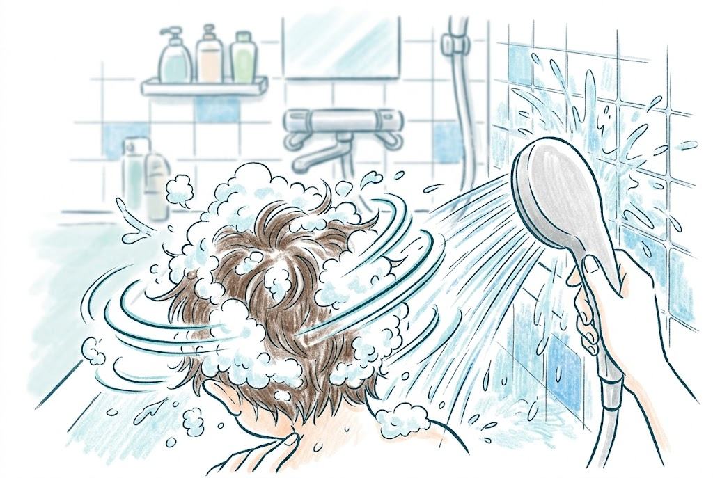 ミラブルExの口コミ｜シャワーを持つお母さんの目線から見た、泡をのせたまま頭を動かす子どもの後ろ姿（イラスト）