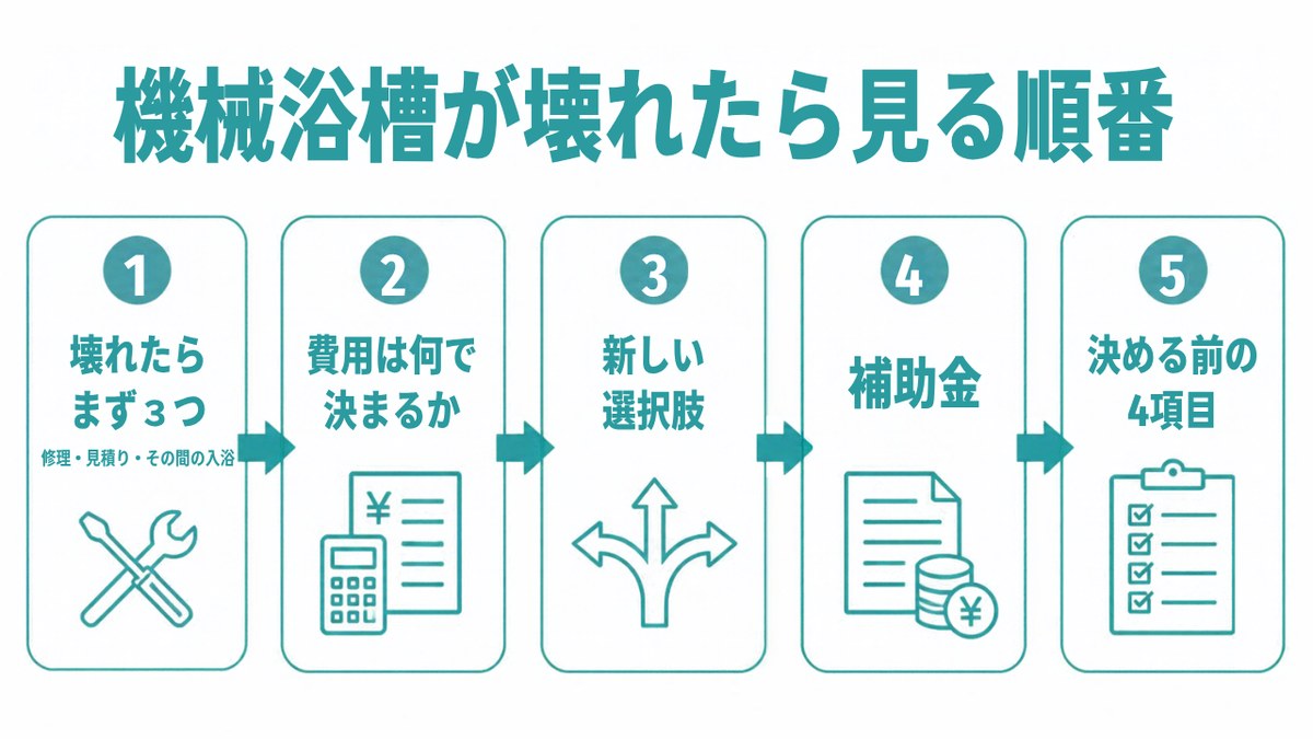機械浴槽の買い替え費用｜機械浴槽が壊れたら見る順番。1 壊れたらまず3つ 2 費用は何で決まるか 3 新しい選択肢 4 補助金 5 決める前の4項目（イラスト）