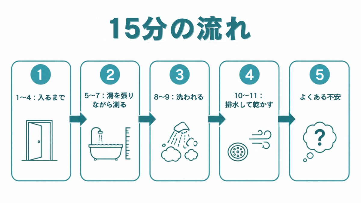 人間洗濯機の15分|15分の流れ。1 1〜4:入るまで 2 5〜7:湯を張りながら測る 3 8〜9:洗われる 4 10〜11:排水して乾かす 5 よくある不安(イラスト)